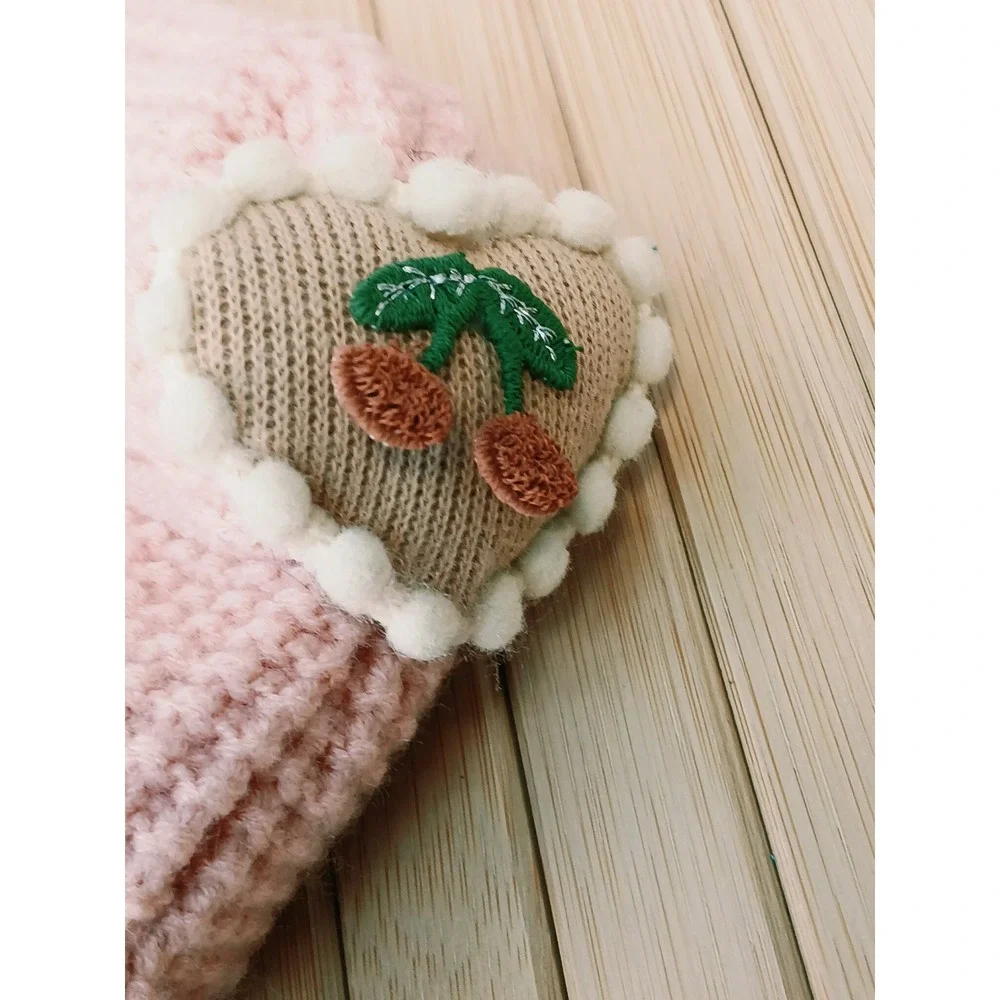 Mebear Infant Pink Knit Beanie Hat Heart Cherry Embroidery Braided Pom Poms NEW